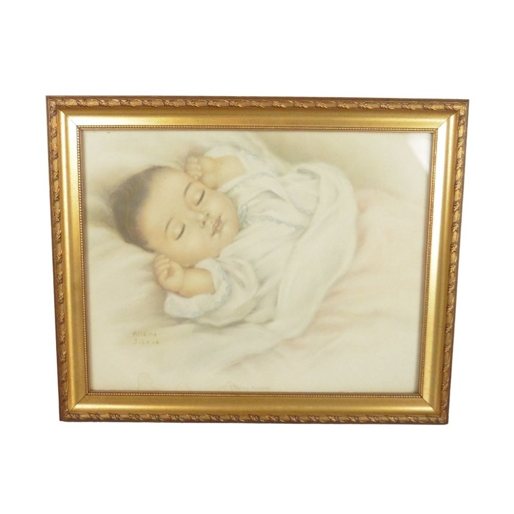 Vintage framed art print "Darling Asleep" Allene J. Love baby infant water color